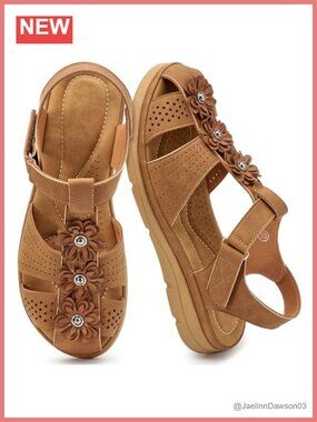 Faux Leather Closed Toe Flat Sandals with Hook & Loop Closure, Memory Foam